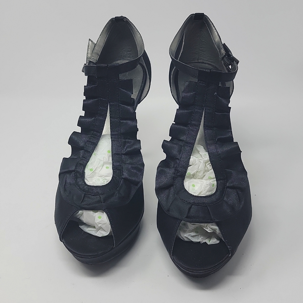 Guess Black Satin Ruffle Top Peep Toe Ankle Strap Size 10M Heels